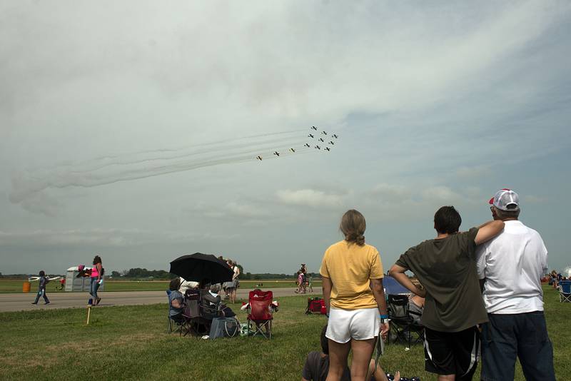 The Full Throttle Formation Team performs a configuration called the stingray as they show off their skills Saturday, July 23, 2022 at the Wings over Whiteside airshow. The is the second time the group has performed at the airport.
