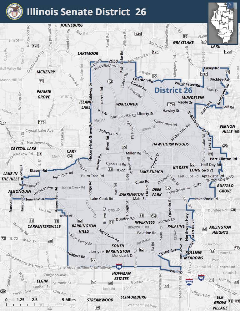 The 26th Senate District includes parts or all of Crystal Lake, Algonquin, Cary, Fox River Grove, Island Lake, Lake Zurich, Hawthorn Woods, Libertyville, Kildeer, Long Grove, Barrington Hills and South Barrington.