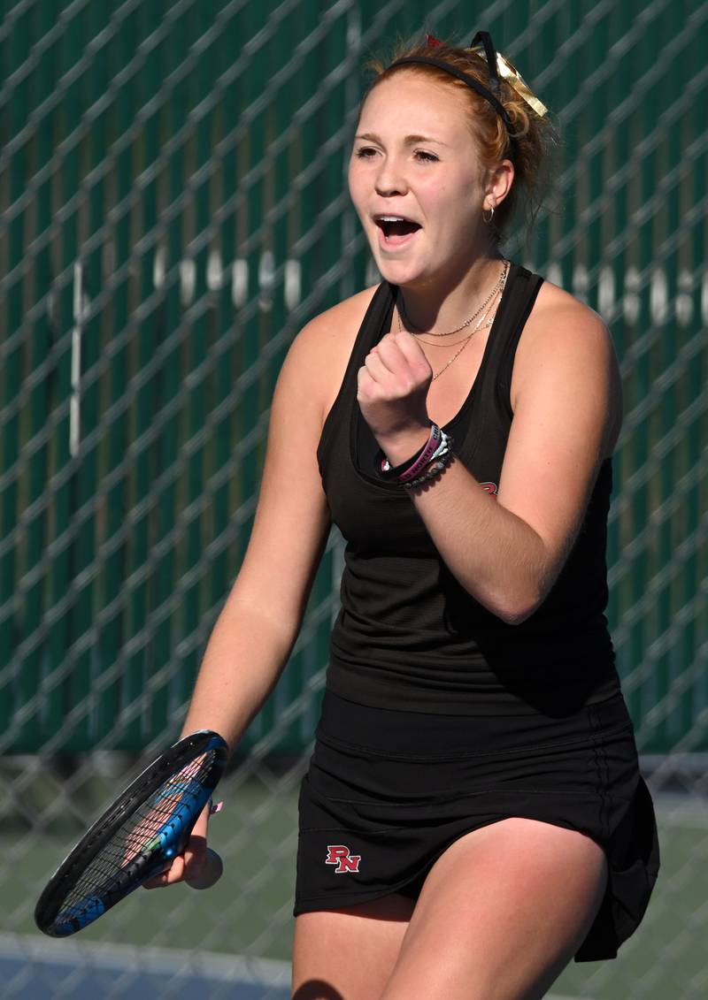 Plainfield North’s Jessica Kovalcik celebrates after winning the Class 2A championship match of the girls state tennis tournament at Hersey High School on Saturday, Oct. 26, 2024 in Arlington Heights.
