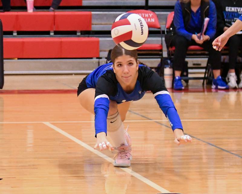 Geneva's Caitlyn Potvin (11) dives for the ball during the sectional title game on Thursday Nov. 6, 2025, while taking on Nazareth Academy held at Timothy Christian High School.