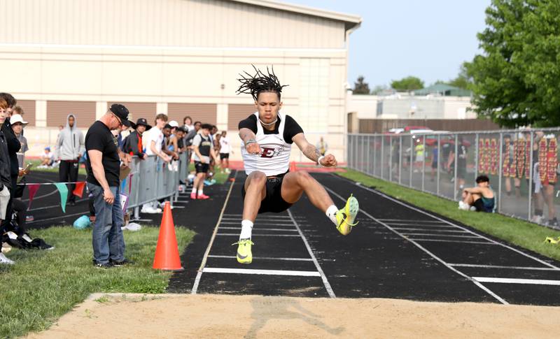 Elgin’s Dawayne Evans competes in the long jump during the Class 3A Batavia track and field sectional on Thursday, May 18, 2023.