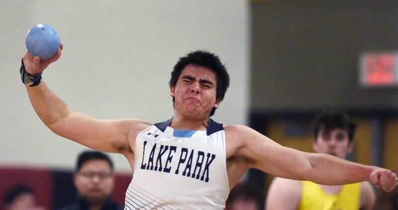 Lake Park’s Rodrigo Gonzalez competes in shot put during the DuKane Conference indoor track meet at Batavia High School on Friday, March 21, 2025.