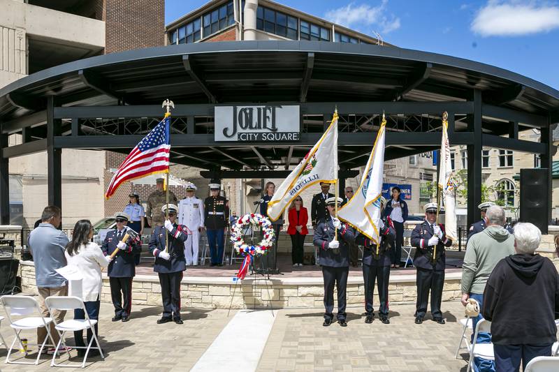 The Joliet Fire Department Honor Guard does the presentation of the Colors during the Memorial Day Commemoration at Joliet City Square.  May 20, 2026 in Joliet.