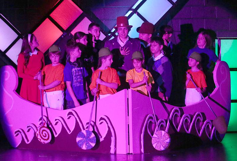 The cast of Willy Wonka acts out a scene during a performance on Thursday, March 16, 2023 at Putnam County High School.