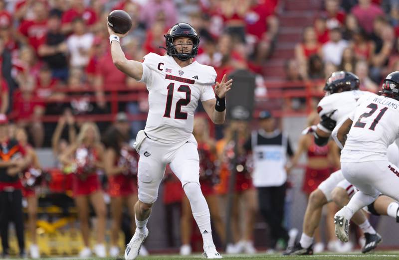 Northern Illinois quarterback Rocky Lombardi (12) passes the ball against Nebraska during the first half of an NCAA college football game, Saturday, Sept. 16, 2023, in Lincoln, Neb. (AP Photo/Rebecca S. Gratz)