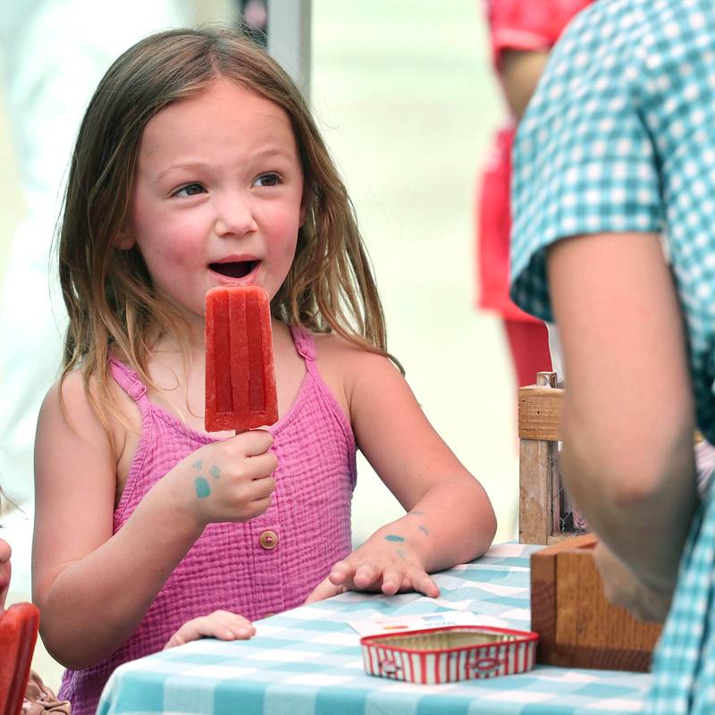 Addison Siegler, 4, from DeKalb is excited to get a popsicle at the Ms. Mint’s Pop Shop booth during opening day for the DeKalb Farmers Market Thursday, June 1, 2023, at Van Buer Plaza in downtown DeKalb. The Farmers Market is open every Thursday from 10 am to 2 pm through September 21.