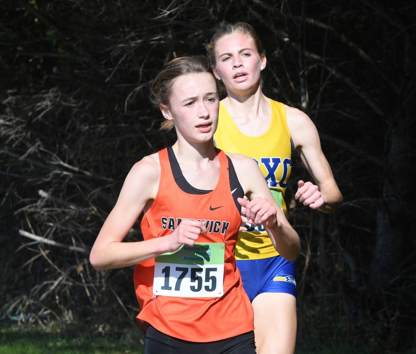 Sandwich's Sundara Weber and Johnsburg's Jolene Cashmore race at the 1A Oregon Sectional on Saturday, Oct. 29. Weber won the race in 18:26 and Cashmore finished second in 18:48.30.