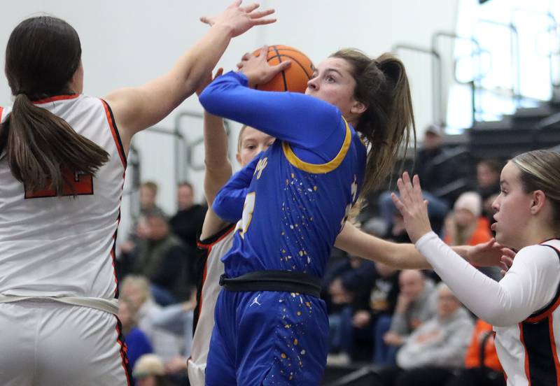 Johnsburg’s Lauren McQuiston takes a shot in varsity girls basketball on Saturday, Jan. 4, 2025, at McHenry High School in McHenry.