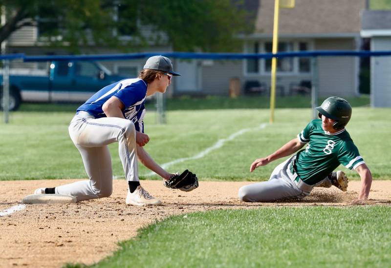 Princeton third baseman Danny Cihocki tags out St. Bede's Ryan Brady who was picked off in the fourth inning Tuesday at Prather Field. The Bruins won 2-0 to clinch the Three Rivers East title.