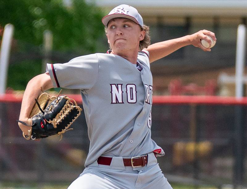 Plainfield North's Kash Koslowski (8) delivers a pitch against Yorkville during the Class 4A Yorkville Regional baseball final at Yorkville High School on Saturday, May 28, 2022.