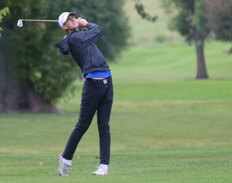 Princeton's Tyson Phillips golfs during the Three Rivers Athletic Conference boys varsity tournament on Tuesday, Sept. 19, 2023 at Mendota Golf Club.