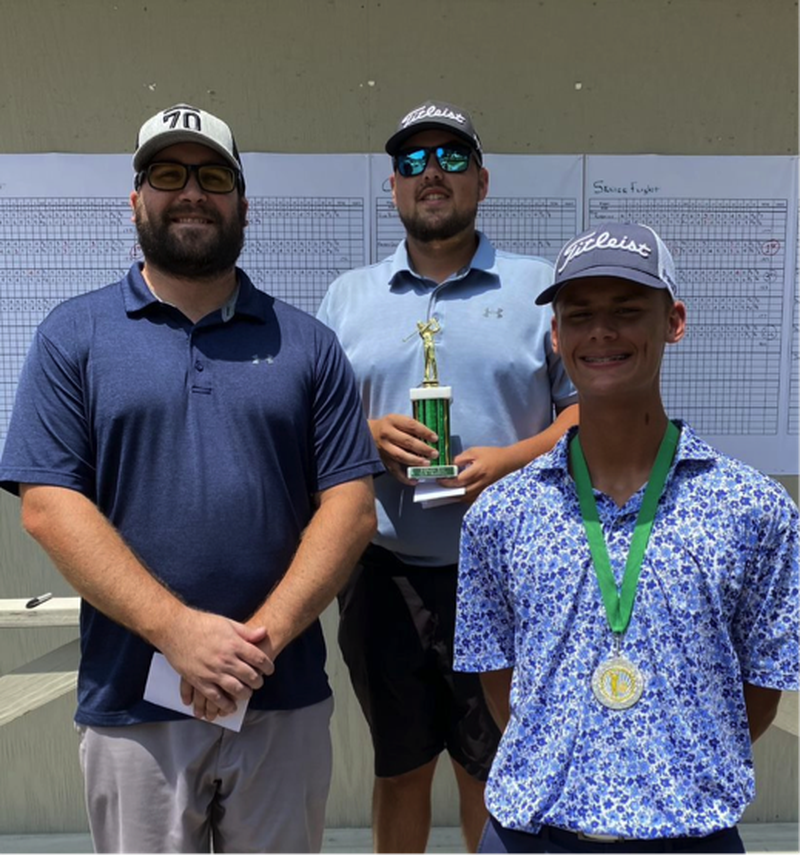 Medalists Jarred Hippen (left), Trevor Sisson (middle) and Mason Hubbard (right) pose together after the men's championship flight of the Emerald Hill Golf Association Club Championship on July 23.