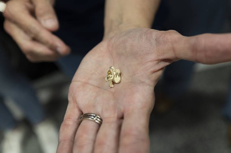 The stork pin that was awarded to the group Thursday, May 15, 2025, for a job well done.