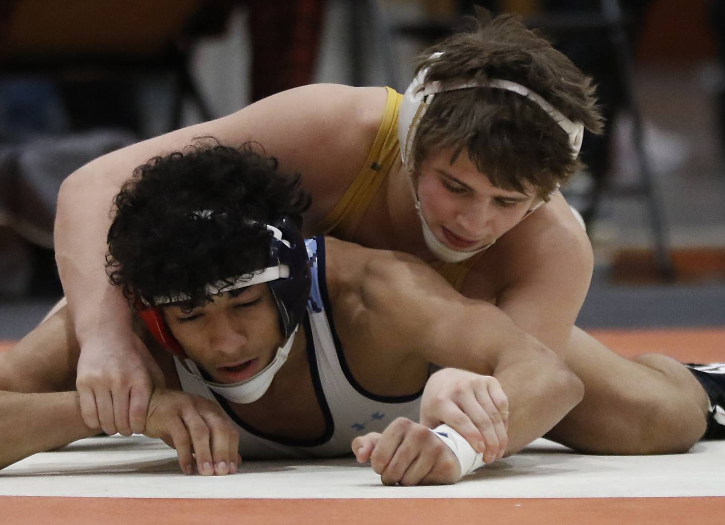Crystal Lake South’s Nathan Randle controls College Prep’s Nabiel Rosario they compete in the 132-pound third-place match in the IHSA 2A Crystal Lake Central Wrestling Sectional on Saturday, Feb. 15, 2025, at Crystal Lake Central High School.