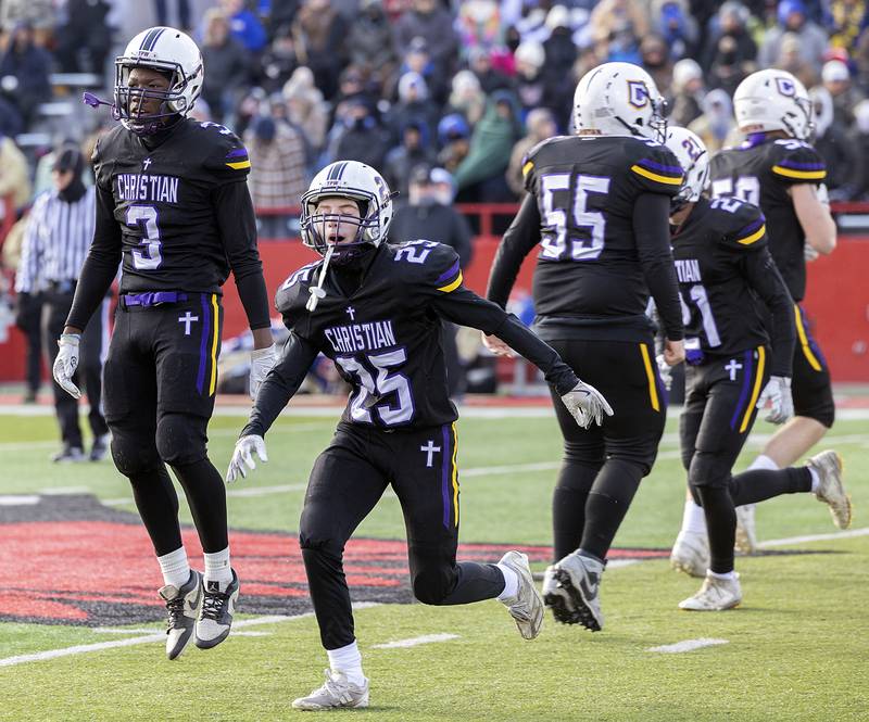 Chicago Christian celebrates a touchdown against Maroa-Forsyth Friday, Nov. 29, 2024, in the class 2A football state final.