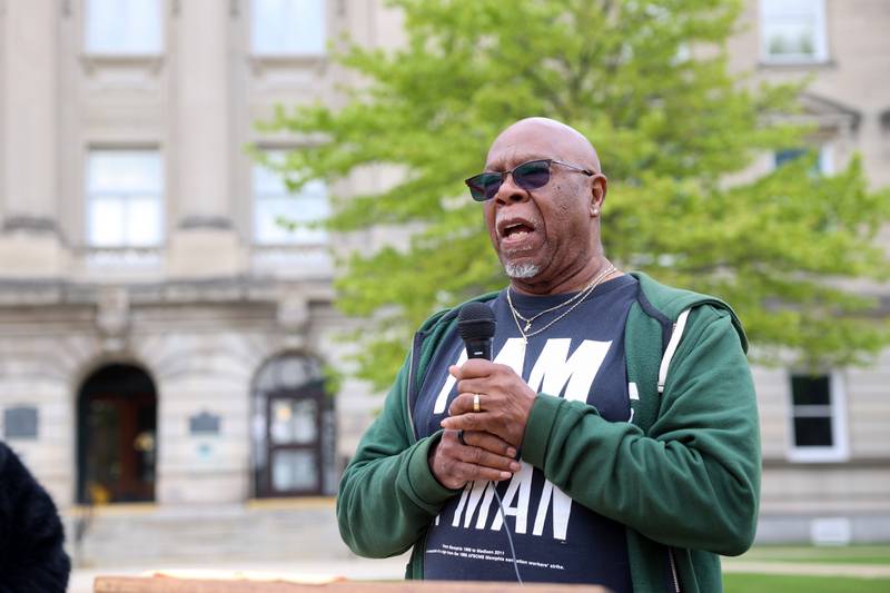Danny Williams, a union activist with American Federation of State, County and Municipal Employees (AFSCME), speaks during the May Day Strong rally at the Kankakee County Courthouse on May 1, 2026, as part of a national day of action.