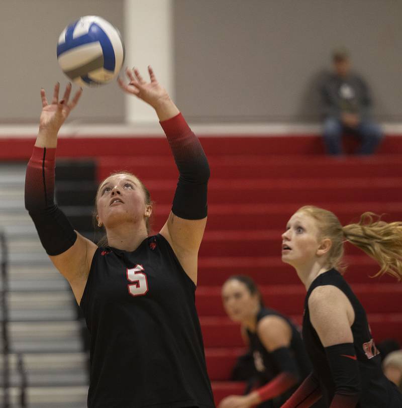 Sauk Valley’s Denali Stonitsch sets the ball against Triton College Wednesday, Nov. 5, 2025, during the Regional IV tournament.