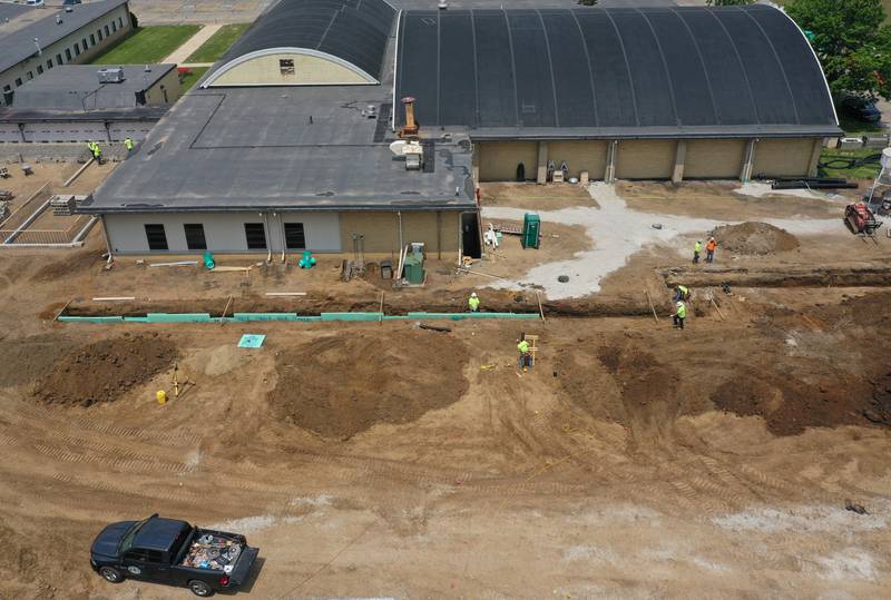 Crews from MCP Midwest work on the new Henry-Senachwine High School academic wing addition on Monday, June 9, 2025 in Henry.