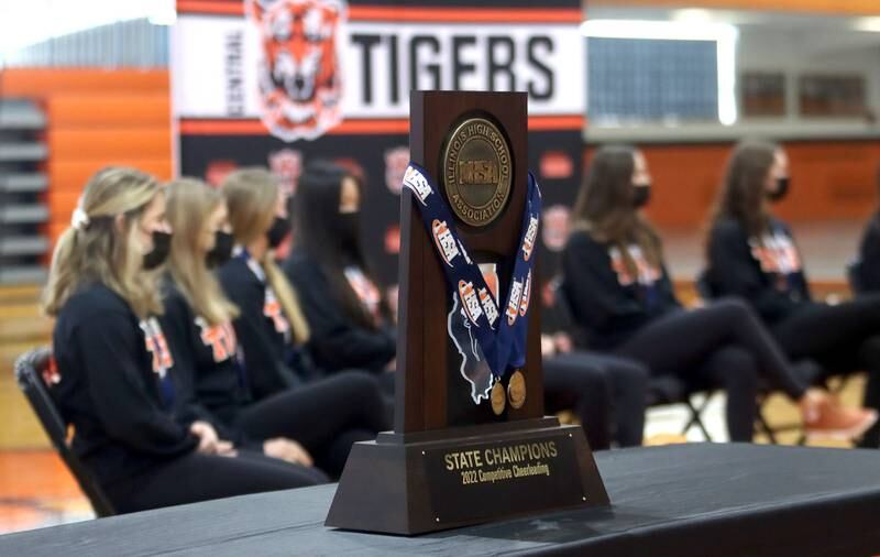 Crystal Lake Central held a celebration Sunday in their gymnasium after the Tigers on Saturday won the IHSA state title in Competitive Cheerleading-Medium Team at Grossinger Motors Arena in Bloomington.