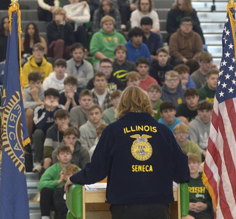 Members of the Seneca FFA took turns speaking to the student body of Seneca High School about the meaning and history of Veterans Day Monday during the special ceremony. The event was sponsored and led by The Seneca FFA.