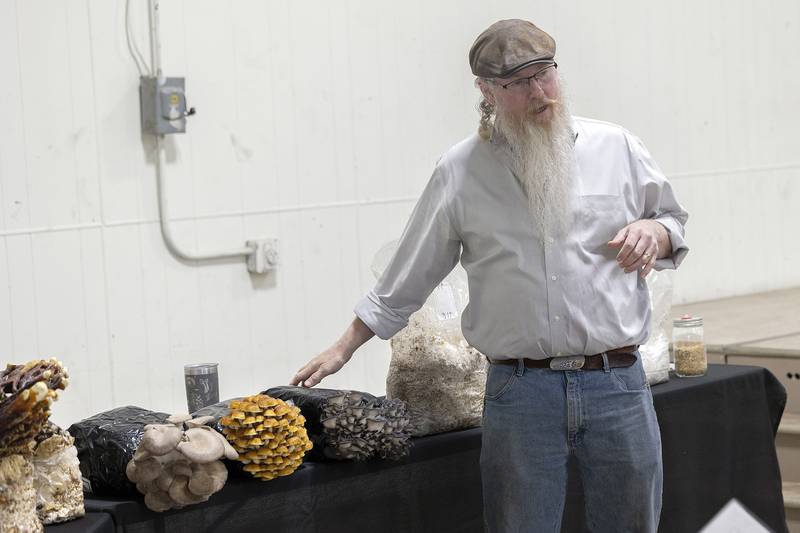 William Thomas of Amboy, talks about his mushroom growing operation Friday, April 25, 2025, during Ag Expo. The event is an annual event bringing in hundreds of Lee County fifth graders to learn about many aspects of agriculture.