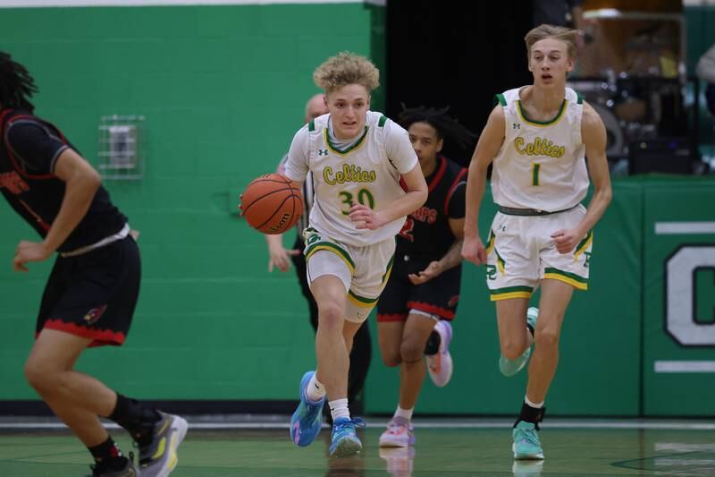 Providence’s Seth Cheney heads upcourt on the fast break against Eisenhower on Wednesday 1st, 2023.