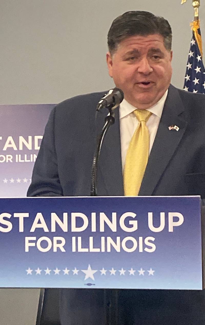 Gov. JB Pritzker speaks at the Ovation Center in Romeoville as part of the Standing Up For Illinois tour on Thursday, March 20, 2025.
