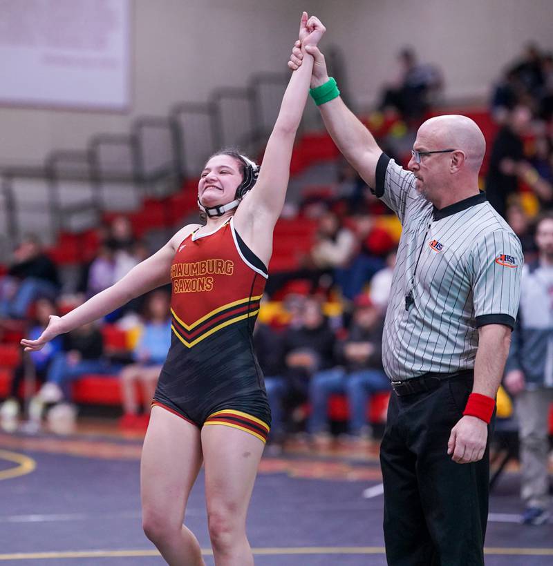 Shaumburg’s Madeline Zerafa-Lazarevi smiles after winning her 140 pound championship match against Andrews’ Alyssa Keane (not pictured) in the Schaumburg Girls Wrestling Sectional at Schaumburg High School on Saturday, Feb 10, 2024.