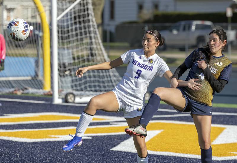 Mendota’s Sophia Orozco and Sterling’s Kylie Todd works in front of the goal Wednesday, April 8, 2026.