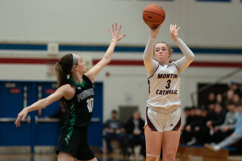 Montini's Eleanor Helm (3) shoots a three-pointer against Providence during the 3A Glenbard South Sectional basketball final at Glenbard South High School in Glen Ellyn on Thursday, Feb 23, 2023.