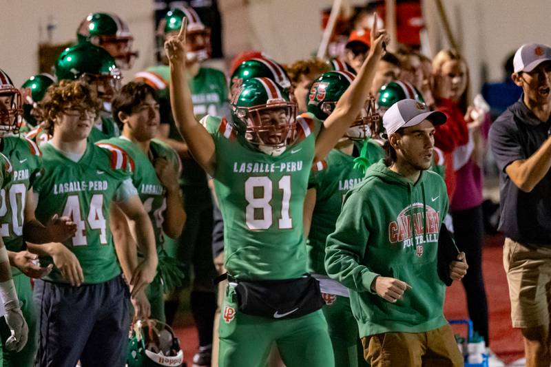 L-P football player celebrates sycamore’s fumble on Friday, October 11, 2024 at Howard Fellows Stadium in LaSalle.