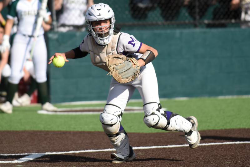 Manteno's Jaz Manau fields a bunt and throws to first base during a game at Coal City Monday, May 12, 2025.