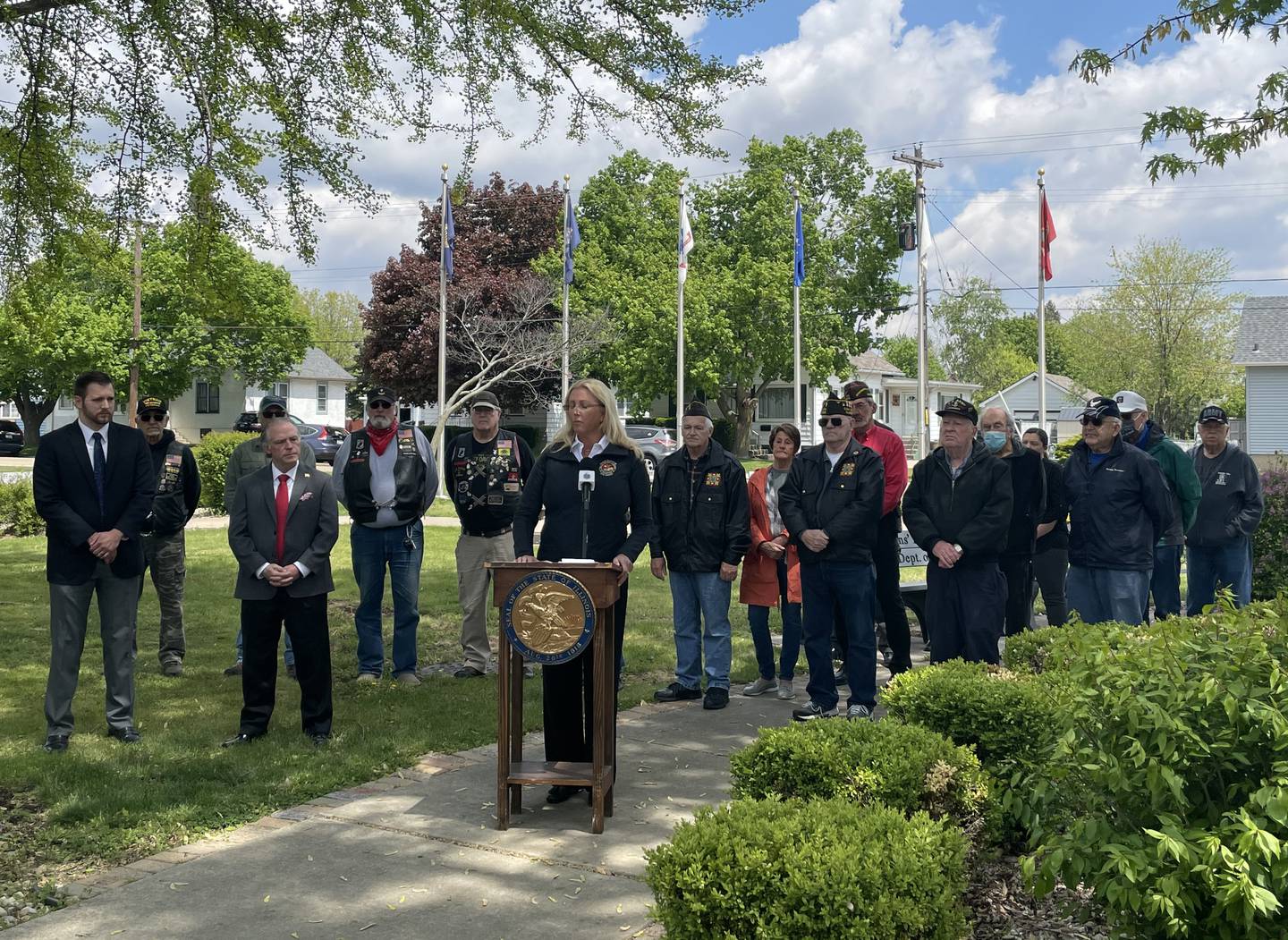 Illinois State Senator Sue Rezin (R-Morris) joined by several veteran organizations, who stand united to call for accountability and the passage of life-saving legislation in response to the deadly LaSalle Veterans’ Home COVID-19 outbreak at the Illinois Veterans home in La Salle on Monday May 5, 2021.
