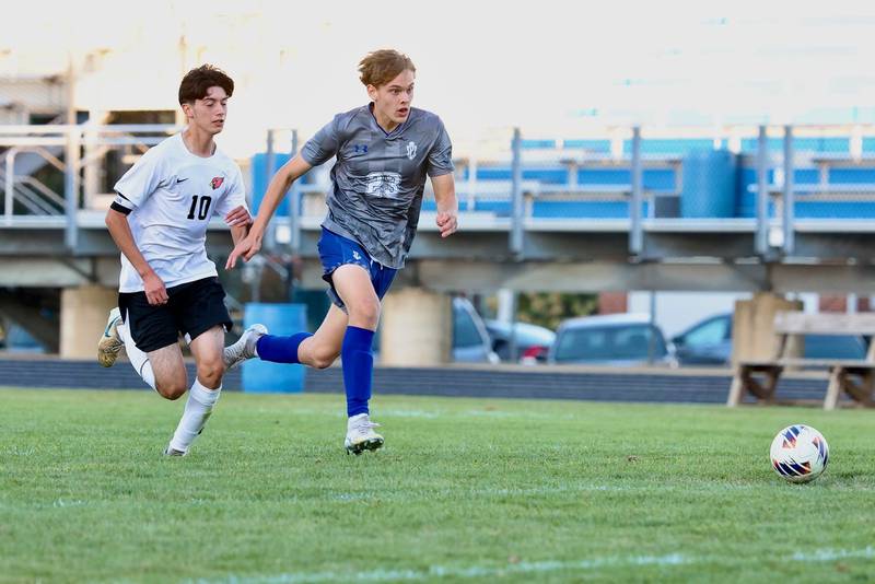 Princeton's Jacoby Smallwood tracks down the ball in Tuesday's match vs. Stillman Valley at Bryant Field. He scored three goals to lead the Tigers to a 4-0 win.