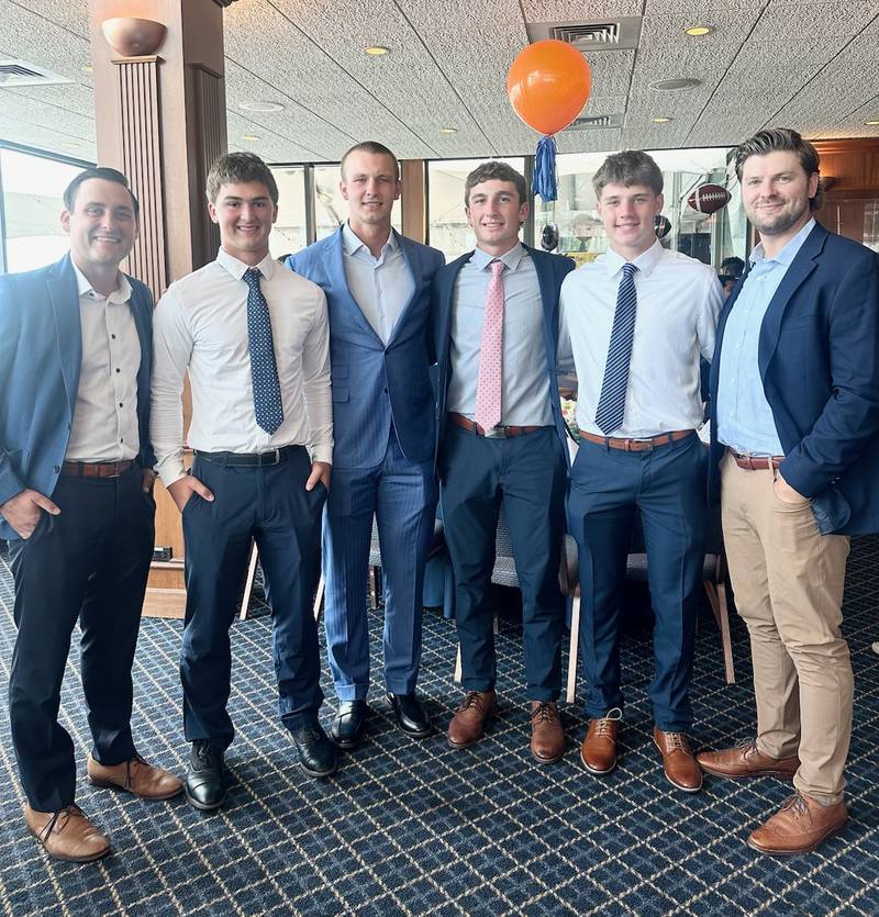 The St. Bede football team was gifted
protective gear by The Tyson Bagent Foundation and Zoombang at Bagent’s charity event on Saturday at the Chicago Yacht Club in downtown Chicago. Bagent is the Bears backup quarterback. Pictured are St. Bede coach Jack Brady (from left), AJ Hermes, Bagent, Gino Ferrari, Carson Riva and coach Sam Halm.