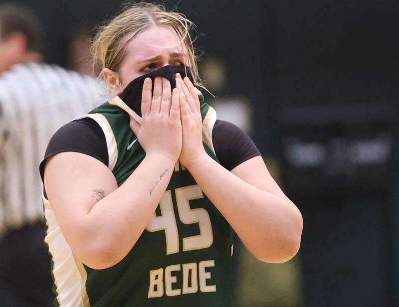 St. Bede's Savannah Bray reacts after losing to Alleman in the Class 2A Regional finals on Thursday, Feb. 19, 2026 at St. Bede Academy.