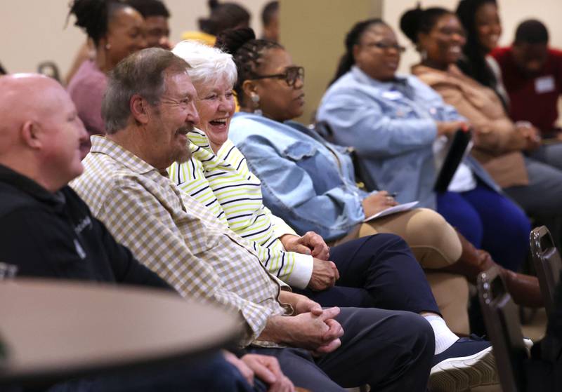 Attendees listen to District 428 School Board candidates speak Thursday, March 20, 2025, during the DeKalb Area Rental Association and DeKalb Area Builders Association School Board Candidates Forum at Faranda's Banquets in DeKalb.