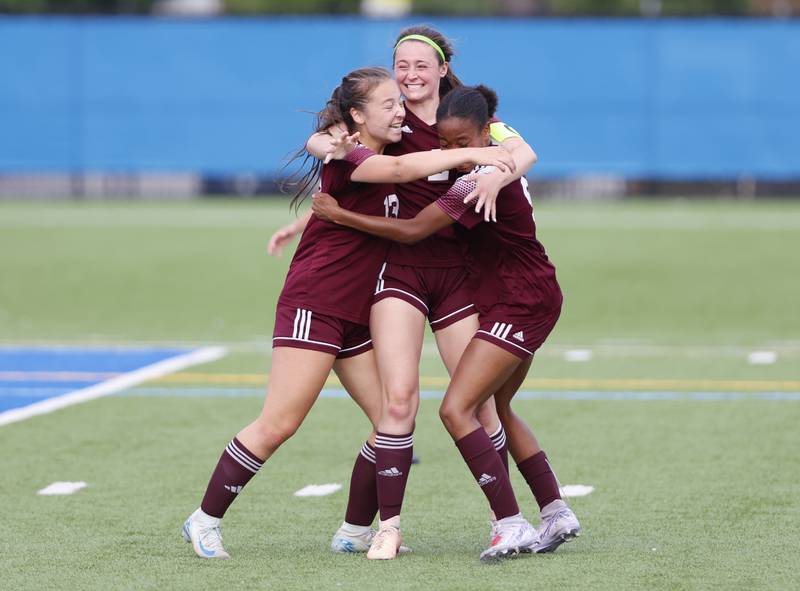 St. Ignatius celebrate a goal during the 2A girl's varsity supersectional soccer match between Crystal Lake South and St. Ignatius high schools on Tuesday, June 3, 2025 in Chicago.