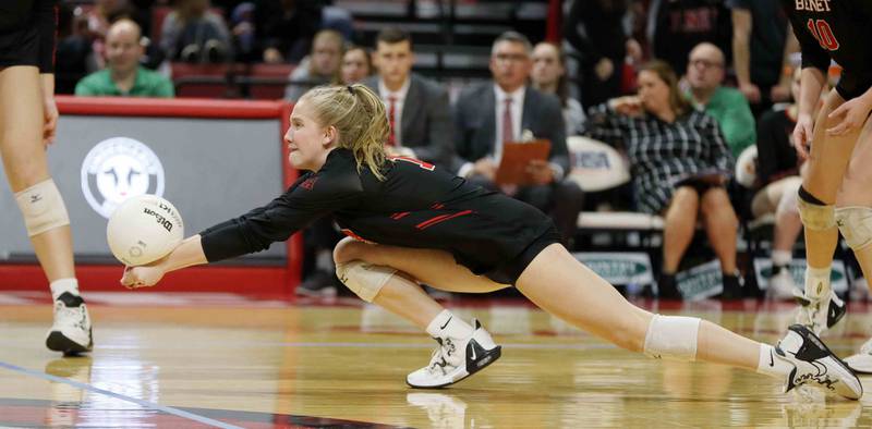 Benet’s Morgan Asleson (13) during the IHSA Class 4A girls volleyball state title game between Benet Academy and Mother McAuley Saturday November 12, 2022 at Redbird Arena in Normal.