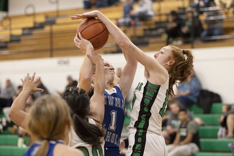 Newman’s Jess Johns has a shot blocked by Rock Falls’ Emily Lego Thursday, Nov.17, 2022.