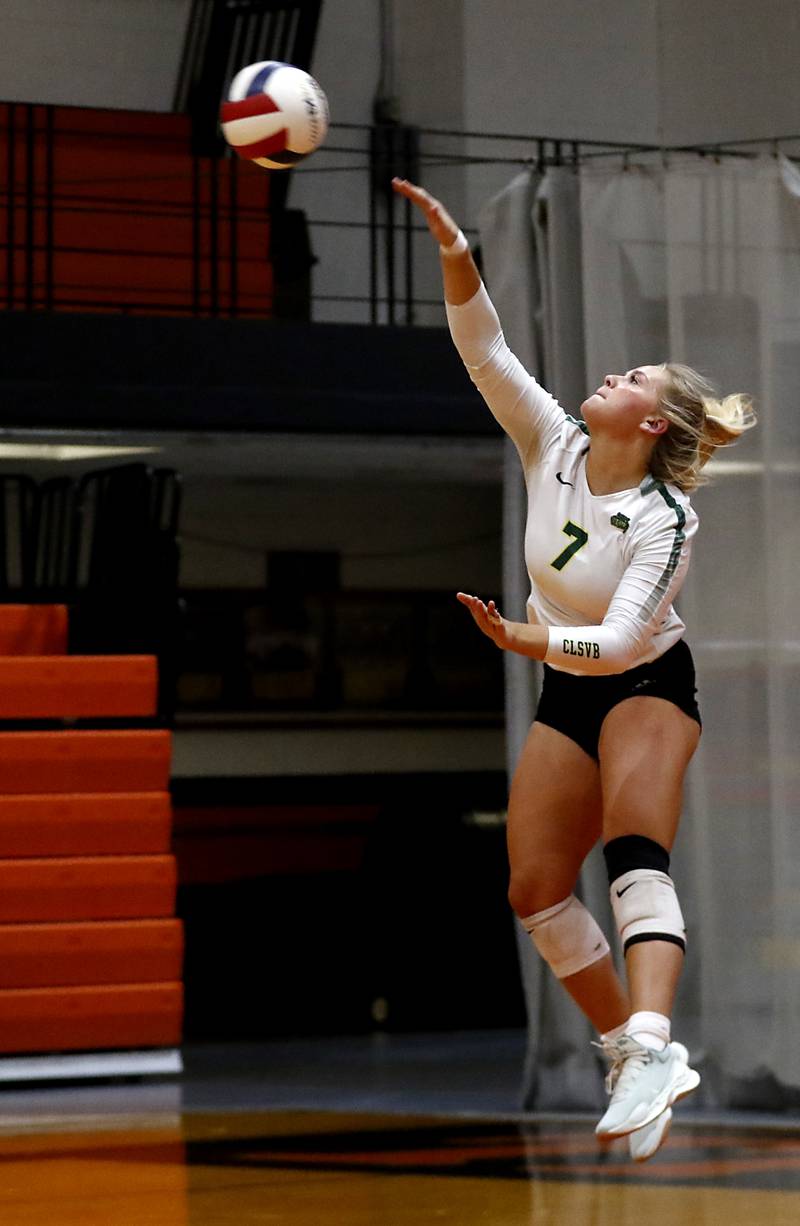 Crystal Lake South's Laken Lepage serves the ball in the IHSA Class 3A Crystal Lake Central Regional volleyball final against Crystal Lake Central on Oct. 31, 2024, at Crystal Lake Central High School.