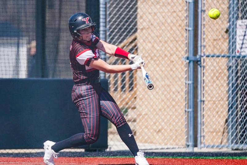 Yorkville's Johanna Pavlak slaps a double against Antioch during a nonconference softball game at Yorkville High School on Saturday, April 12, 2025.