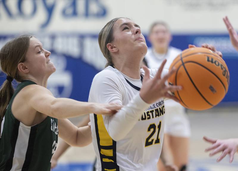 Yorkville Christian’s Danielle Bulson loses the ball against St. Edward’s Tuesday, Feb. 25, 2025, in the Class 1A Sectional at Hinckley-Big Rock.