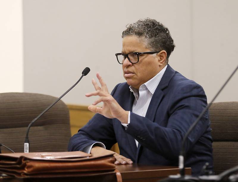 Linda La Roche’s attorney, Laura Walker, makes an argument during a hearing before Racine County Circuit Court Judge Timothy Boyle on Monday, March 13, 2023, at the Racine County Law Enforcement Center in Racine, Wisconsin. La Roche was convicted last year of first-degree intentional homicide in the death of Peggy Lynn Johnson-Schroeder and is now appealing her conviction.