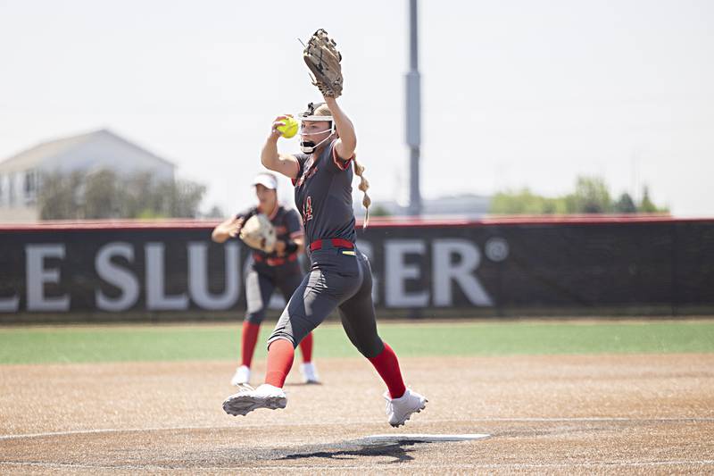 Charleston’s Addison Schrader fires a pitch against Antioch Friday, June 9, 2023 in the class 3A state softball semifinal.