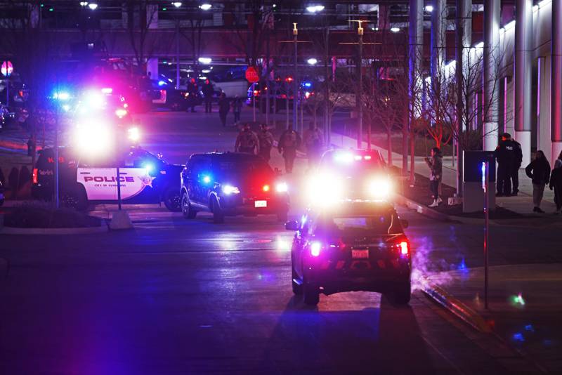 A west suburban mall was placed under a lockdown after calls of shots fired, Thursday, Dec. 23, 2021, in Oak Brook, Ill. A shooting at the suburban Chicago mall full of Christmas shoppers left several people injured Thursday, police said. The incident at Oakbrook Center in Oak Brook began with two males involved in a shootout in a corridor around 5:45 p.m., police Chief James Kruger said. (Anthony Vazquez/Chicago Sun-Times via AP)
