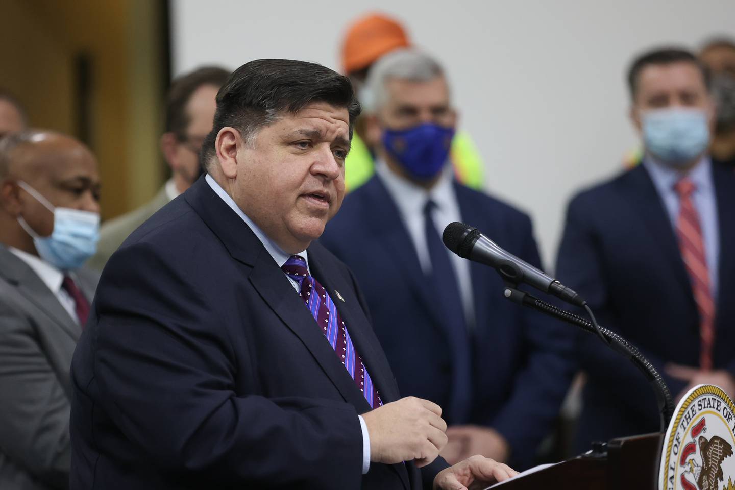 Governor J.B. Pritzker speaks about the Rebuild Illinois project and more specifically the extension of Houbolt Road at a press conference held at Joliet Junior College. Thursday, Jan. 20, 2022 in Joliet.