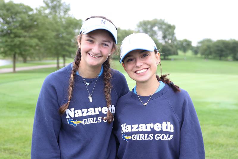 Kacey Hughes, left, and Maryssa Zielinski both finished shooting 88 to lead Nazareth to a team title in the Class 1A Providence Regionals at the Green Garden Country Club in Frankfort on Thursday, Sept. 28, 2023.