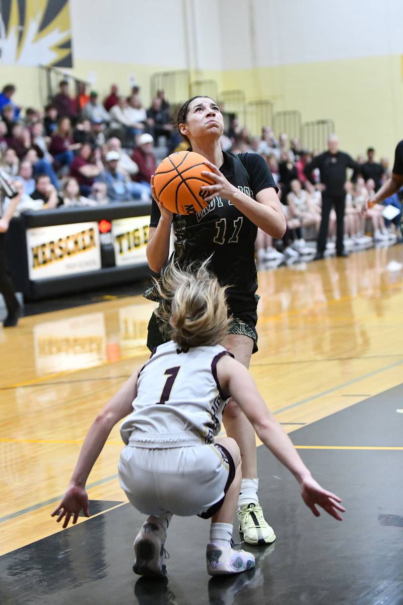Bishop McNamara's Trinity Davis goes for a layup as Watseka-Milford's Kami Muehling attempts to draw a foul during the Fightin' Irish's 69-38 victory over Watseka-Milford in the IHSA Class 2A Herscher Sectional championship on Thursday, Feb. 27.