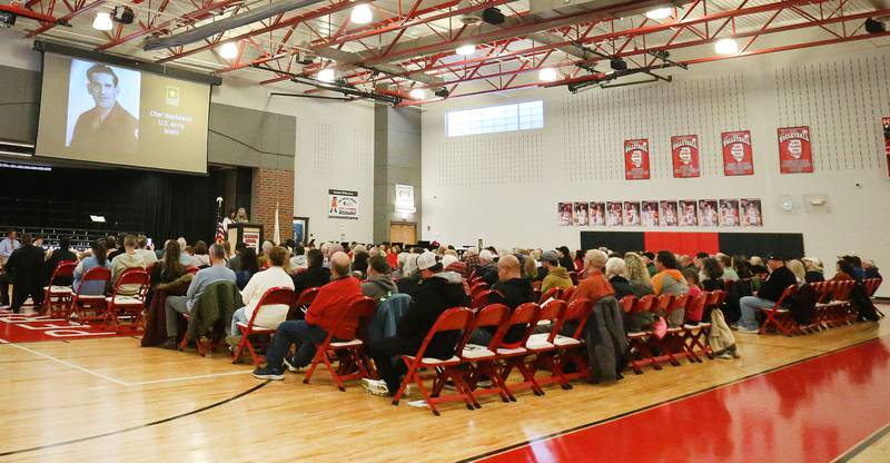 Veterans are recognized during the Veterans Day program on Tuesday, Nov. 11, 2025 at Parkside Middle School in Peru.